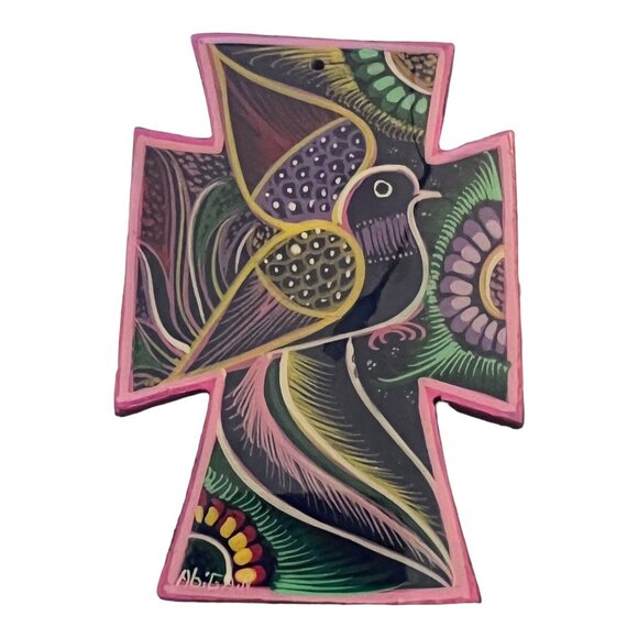 Mexican Folk Art Hand Painted Cross Dove, Abigain Artist Signed 3" X 4 7/8" - Picture 3 of 3